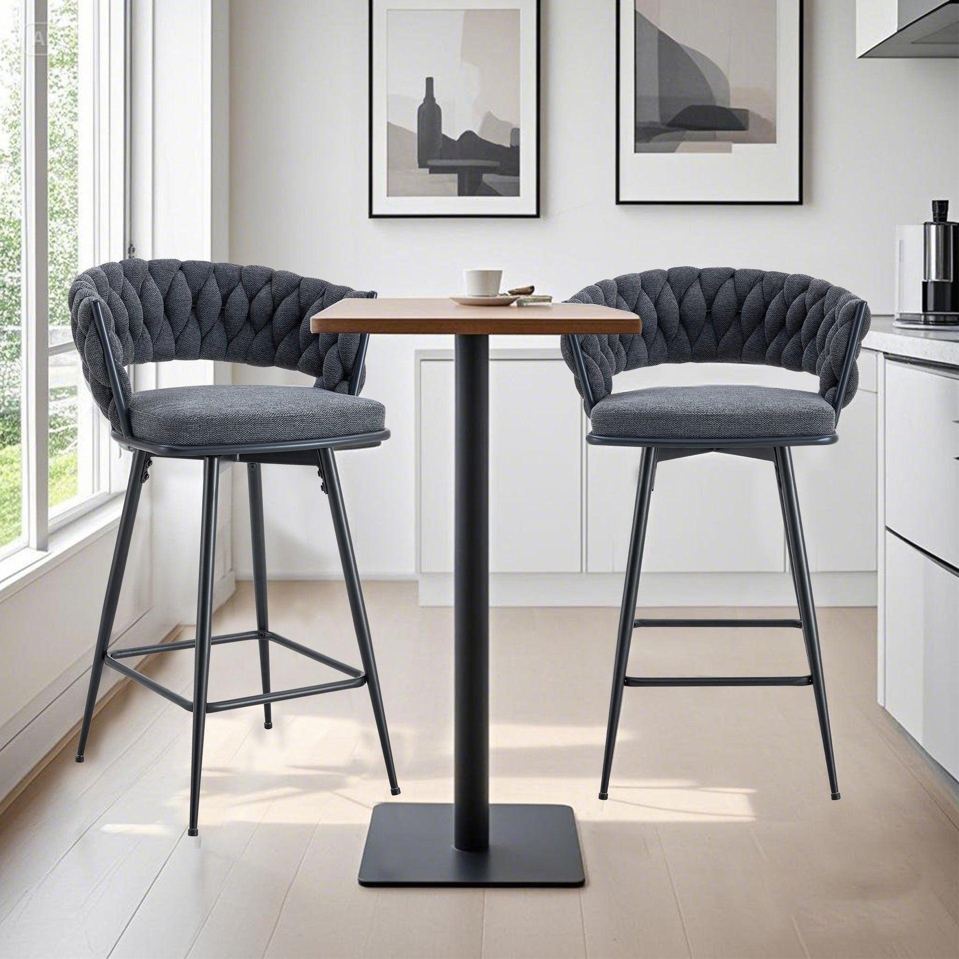 2 Set of Rotating Barstools With Breathable Cotton and Linen Soft Cushions
