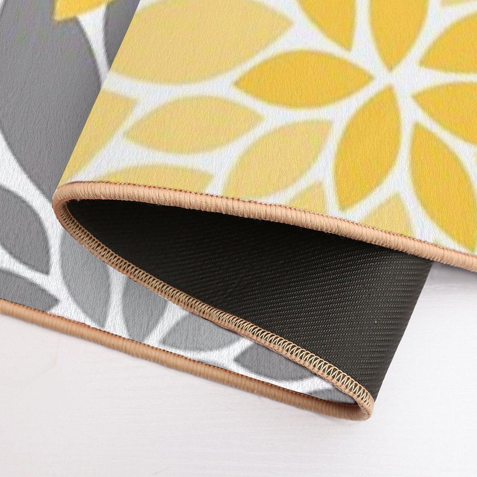 Yellow And Gray Dahlia Floral Pattern Bath Mat