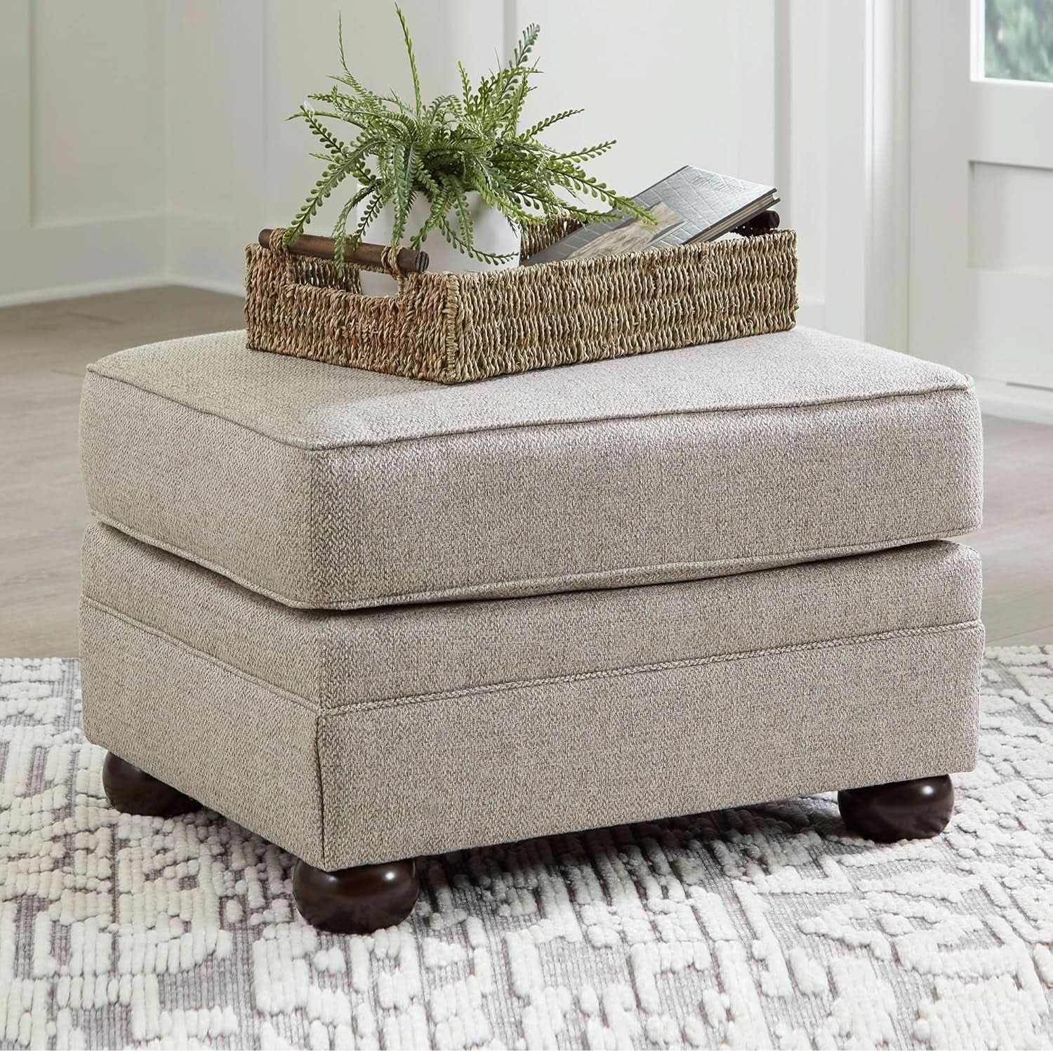 Rectangular Upholstered Ottoman Light Brown Bun Legs