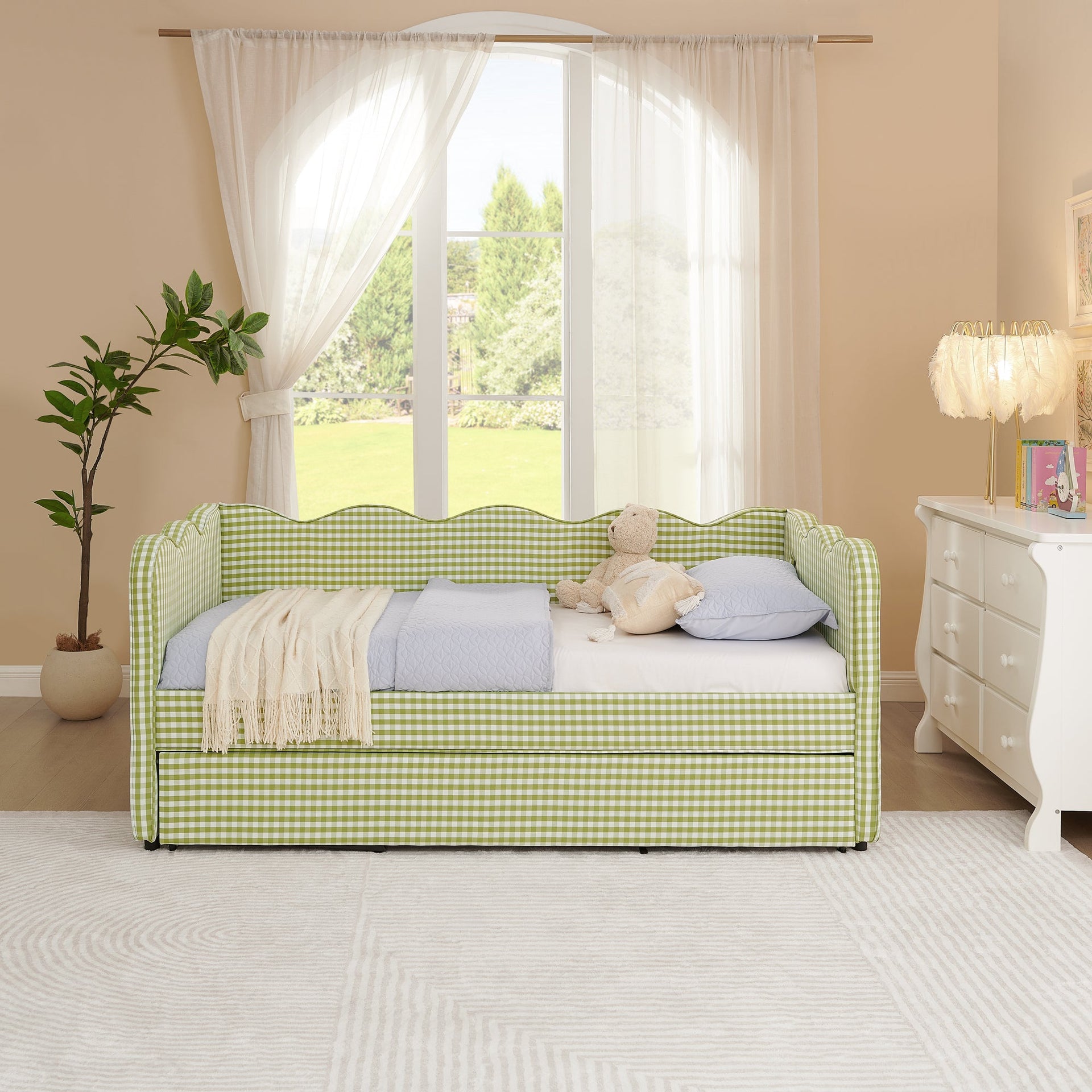 Cozy Gingham Daybed with Trundle - Twin Size Sofa Bed