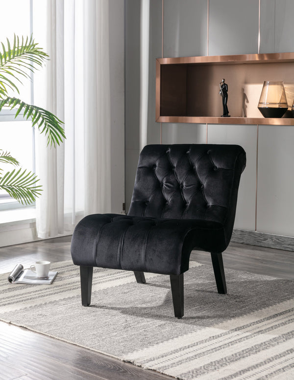 Modern Velvet Armless Accent Chair — Upholstered Button Fabric with Wooden Legs