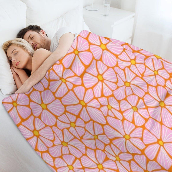 Flower Power Seventies Sixties Hippie Flowers Pattern Orange Pink Throw Blanket