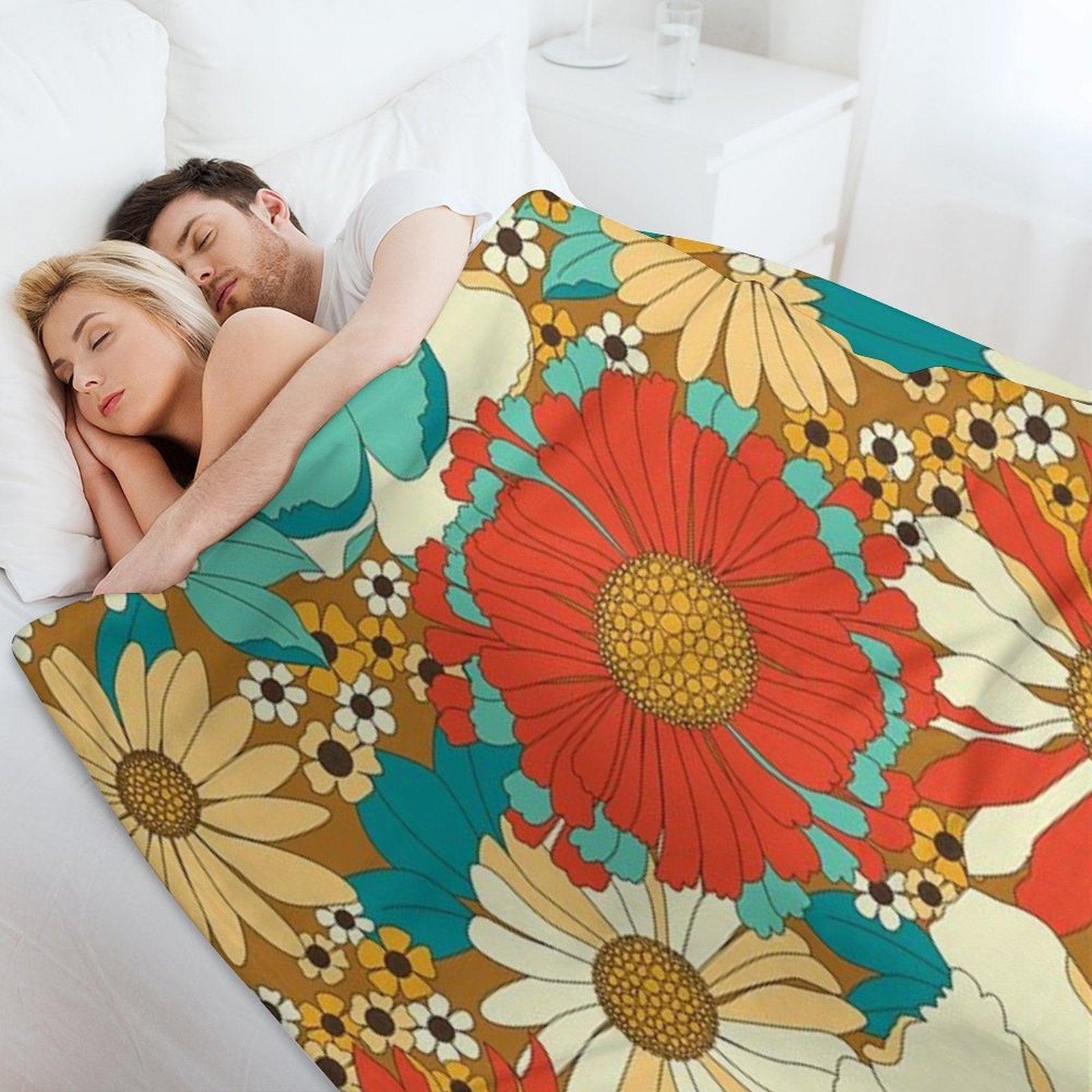 Red, Orange, Turquoise & Brown Retro Floral Pattern Throw Blanket