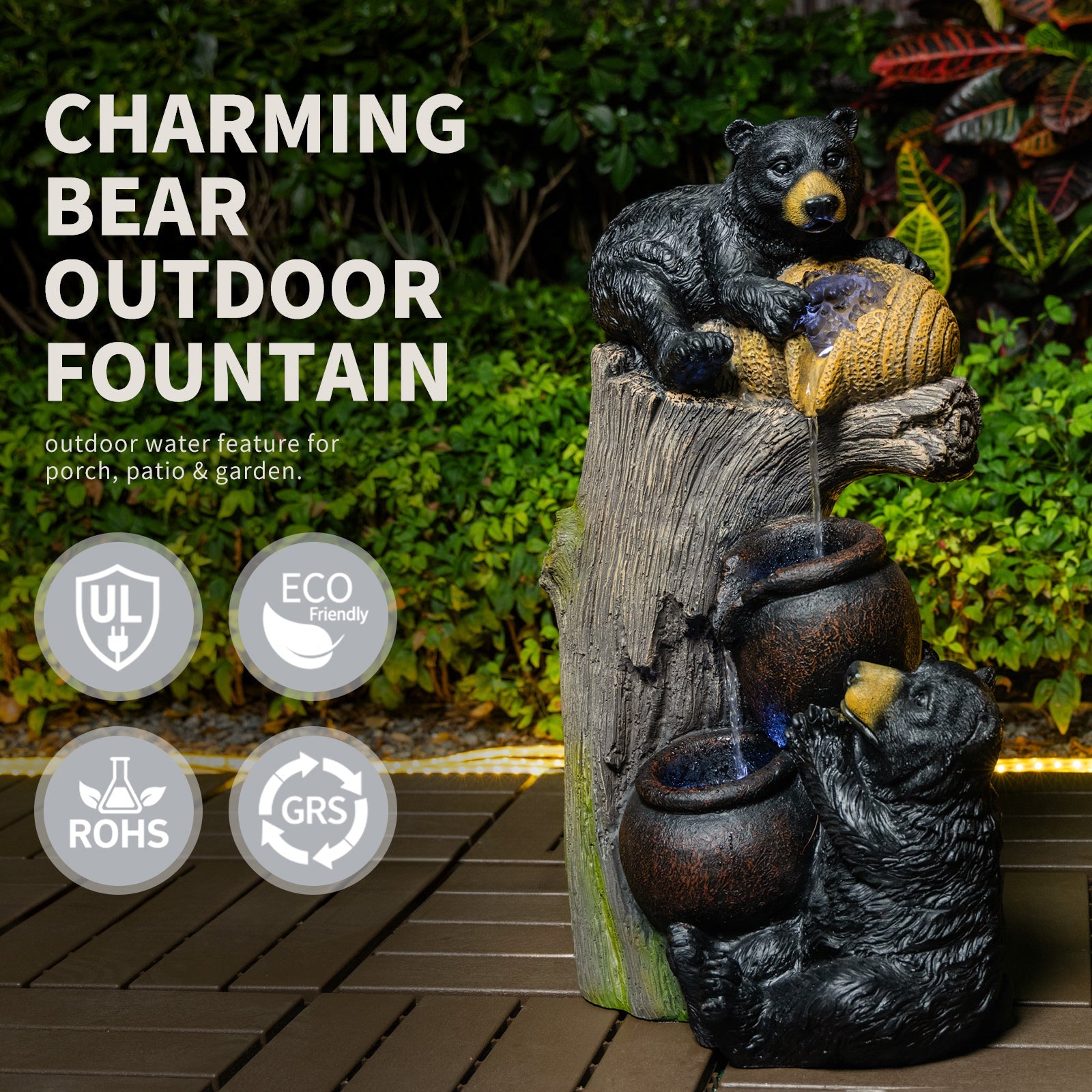 Resin Black Bear Outdoor Water Fountain with LED Lights