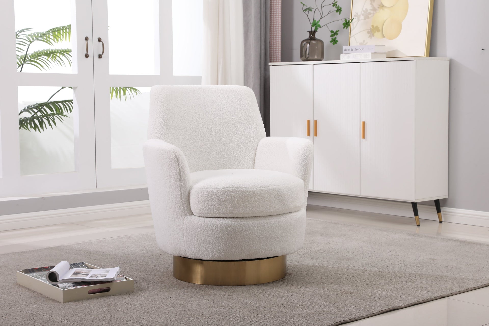 White Velvet Swivel Barrel Chair