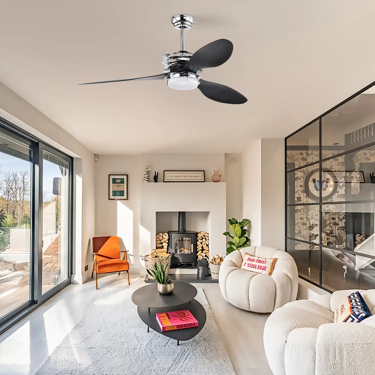 Ceiling Fan for Living Room with 3 ABS Blades, LED Light & Remote