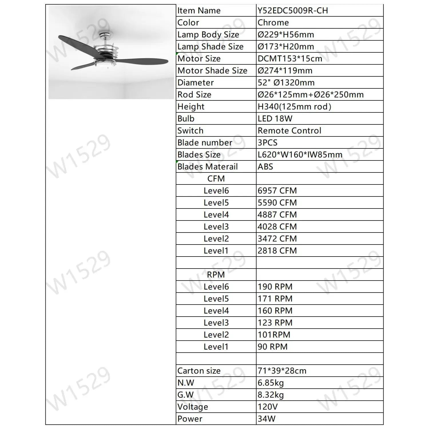 Ceiling Fan for Living Room with 3 ABS Blades, LED Light & Remote