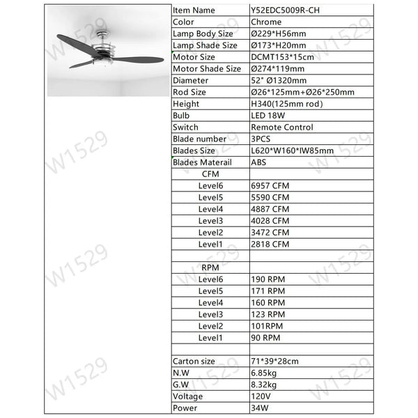Ceiling Fan for Living Room with 3 ABS Blades, LED Light & Remote
