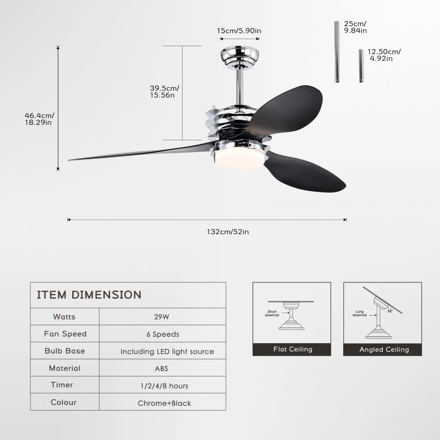 Ceiling Fan for Living Room with 3 ABS Blades, LED Light & Remote