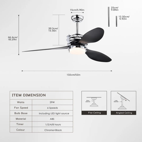Ceiling Fan for Living Room with 3 ABS Blades, LED Light & Remote