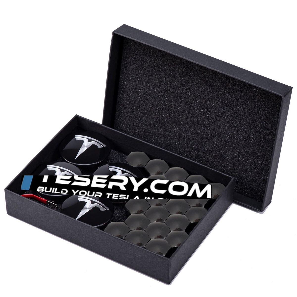 Wheel Center Cap Kit with Puller for Model 3/Y/S/X | 4 Hub Caps + 20 Lug Nut Covers