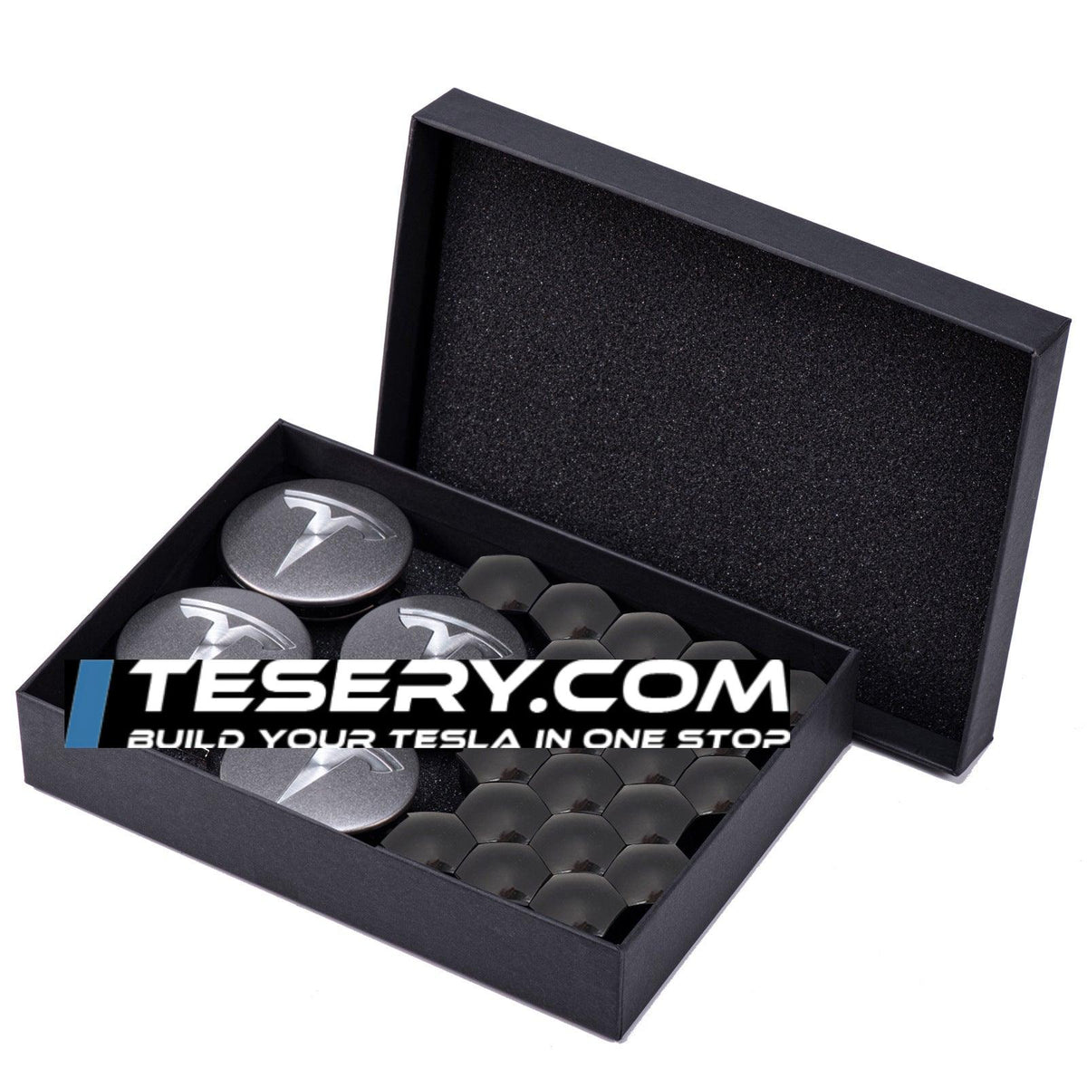 Wheel Center Cap Kit with Puller for Model 3/Y/S/X | 4 Hub Caps + 20 Lug Nut Covers