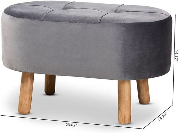 Greyish Velvety Upholstered Wood Ottoman Mid Century