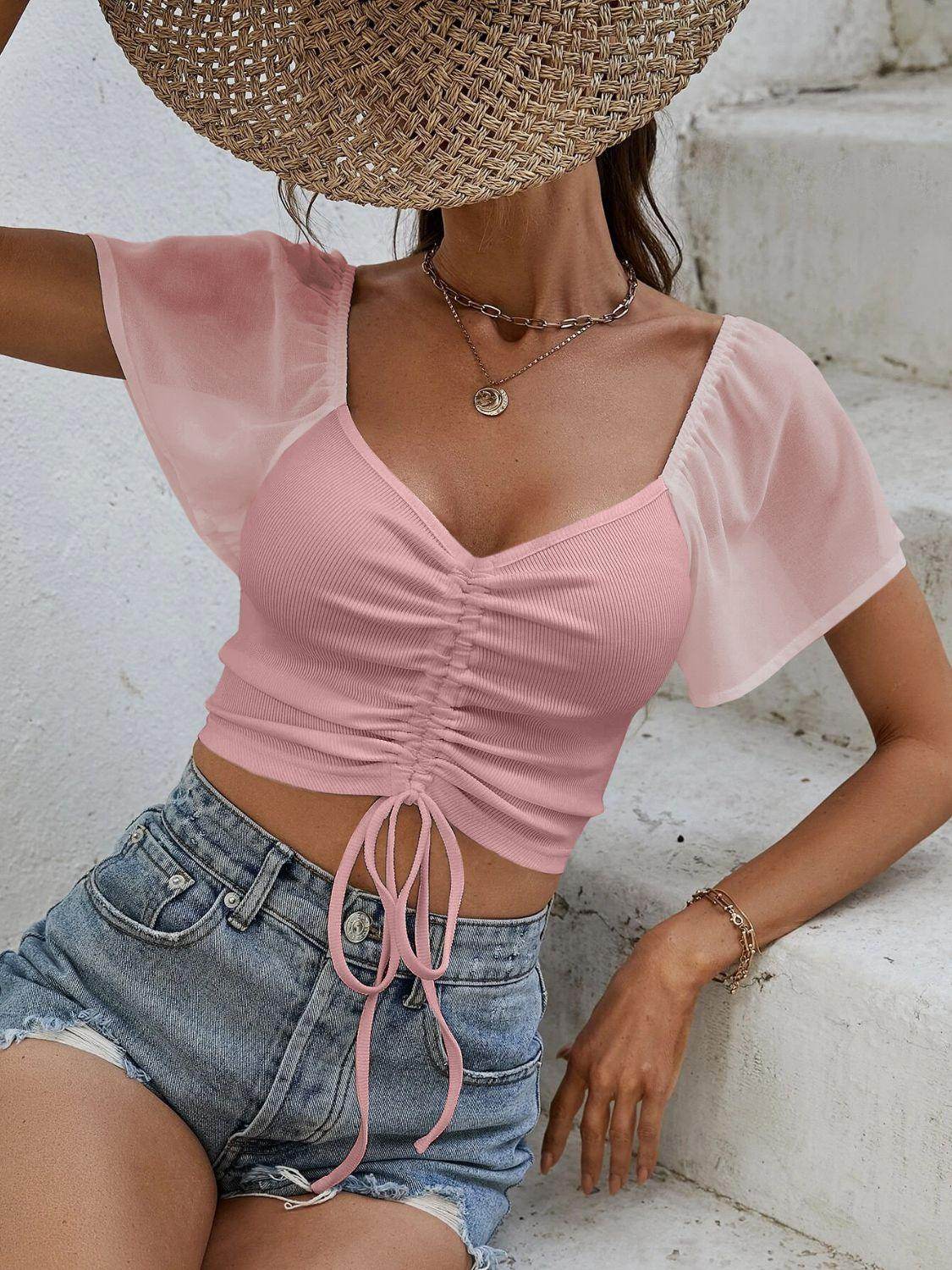 Drawstring Short Sleeve Crop Top for Stylish Summer Wear
