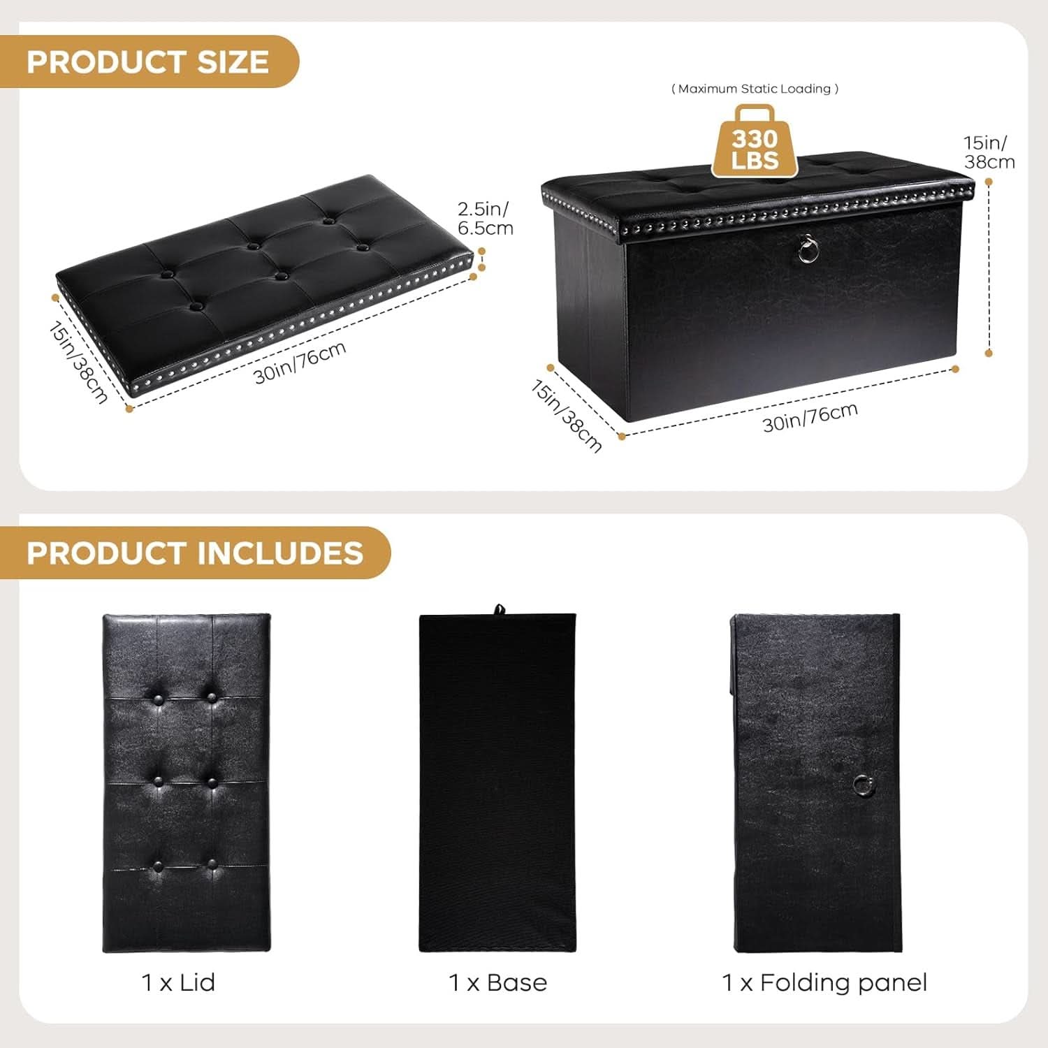 Faux Leather Folding Storage Ottoman 30 Inch Size Black