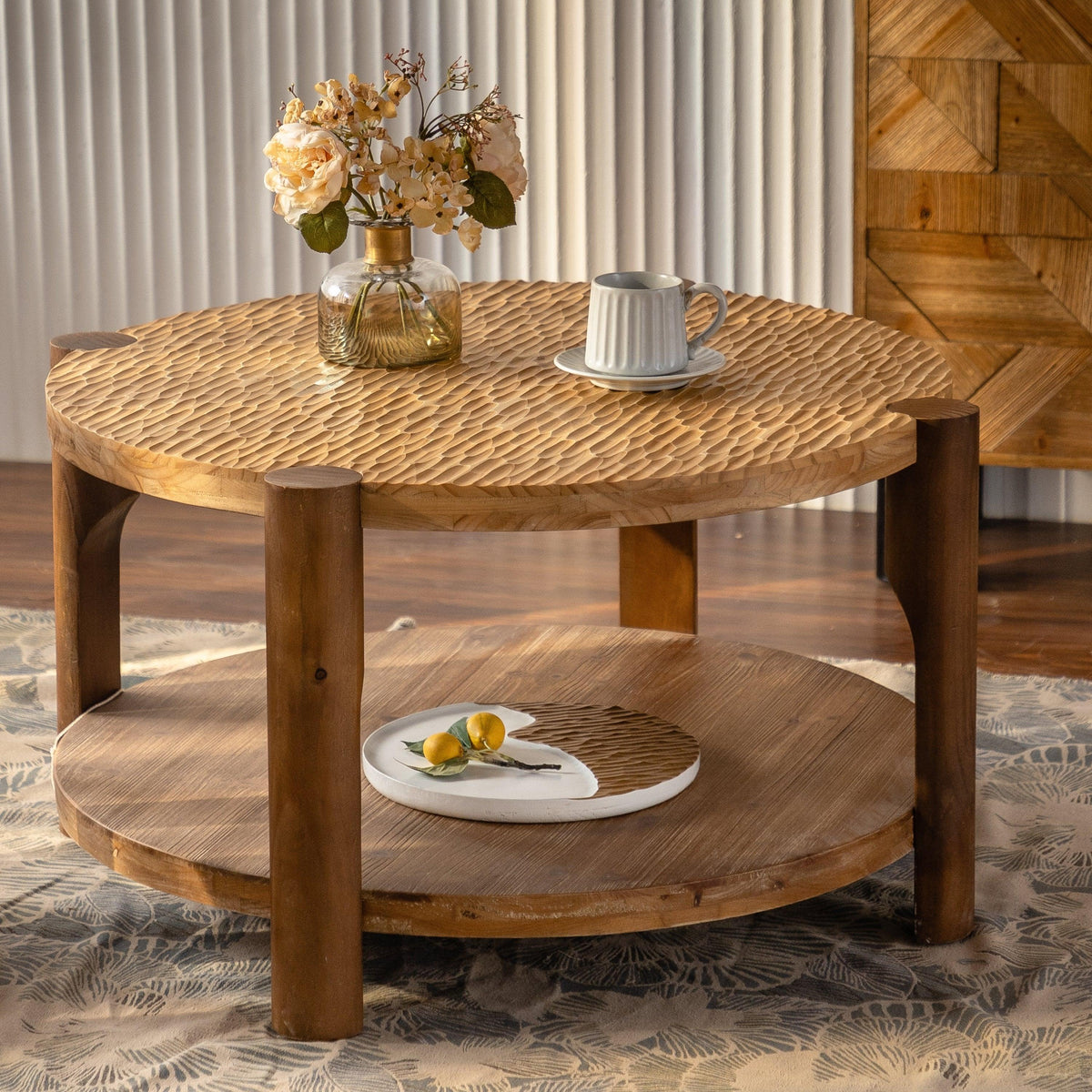Round Natural Wood Coffee Table with 2-Tier Storage Shelf for Living Room