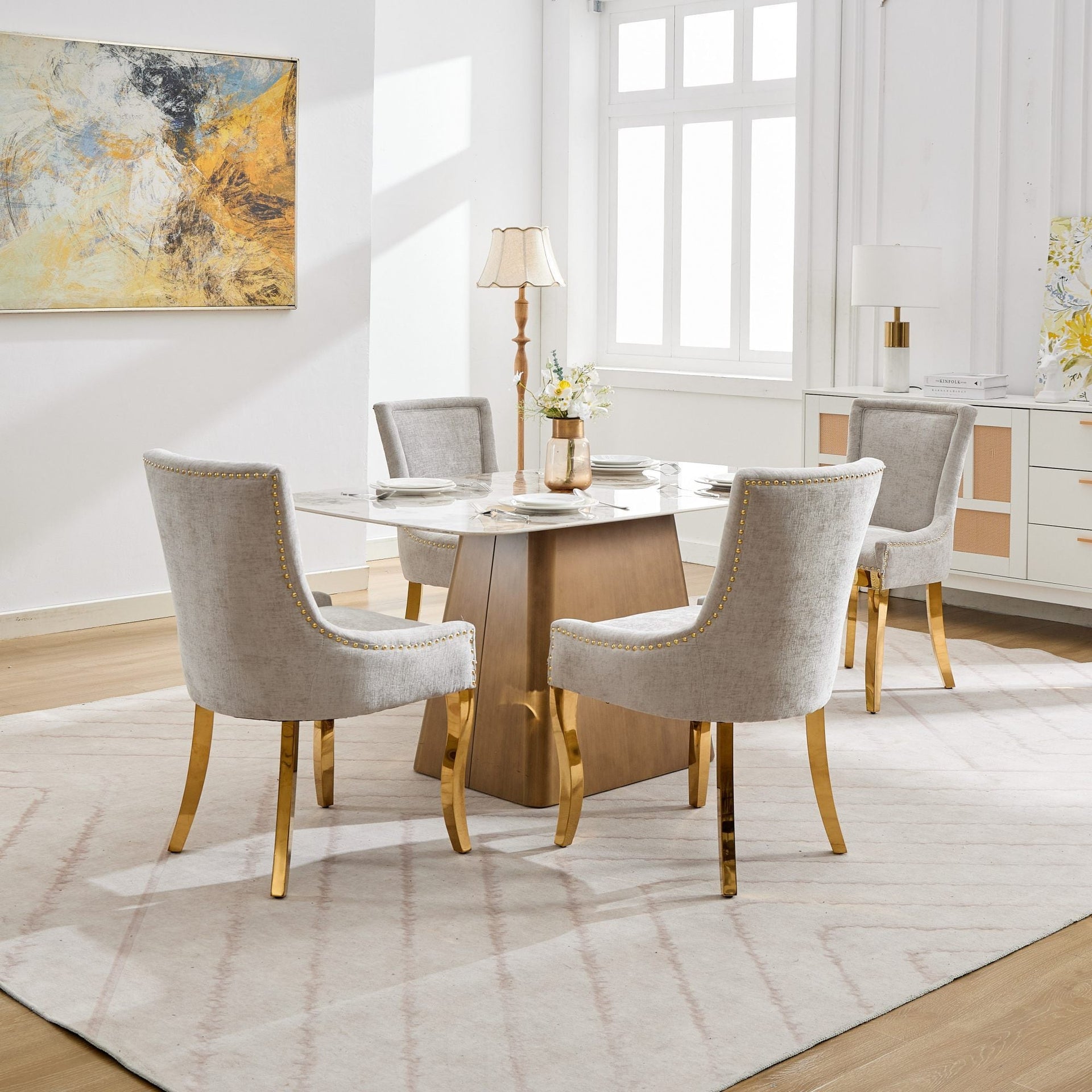 Chenille Dining Chairs Modern Style with Curved Gold-Plated Legs & Rivet Trim