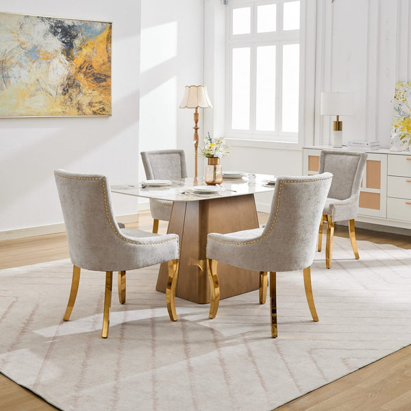 Chenille Dining Chairs Modern Style with Curved Gold-Plated Legs & Rivet Trim