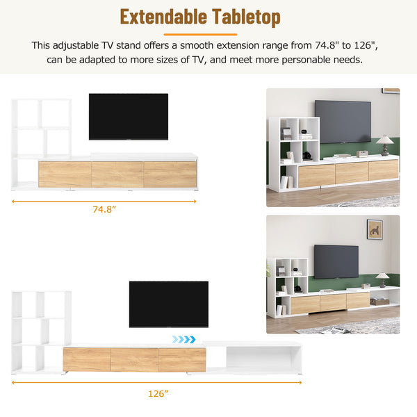Adjustable Extendable TV Stand with 3 Tier Bookshelves showing extension range from 74.8 to 126 inches, suitable for various TV sizes.