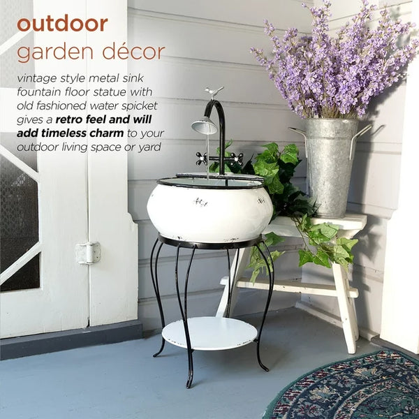 32 in. Tall Outdoor Antique Metal Sink Water Fountain and Stand, White