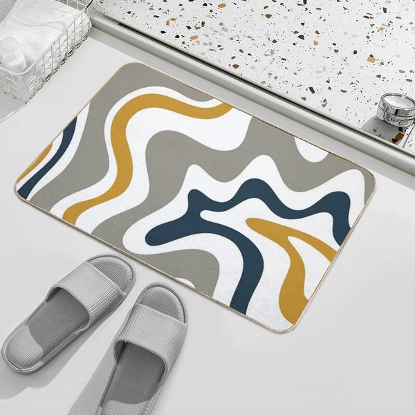 Liquid Swirl Contemporary Abstract in Mustard Yellow, Navy Blue, Grey, And White Bath Mat