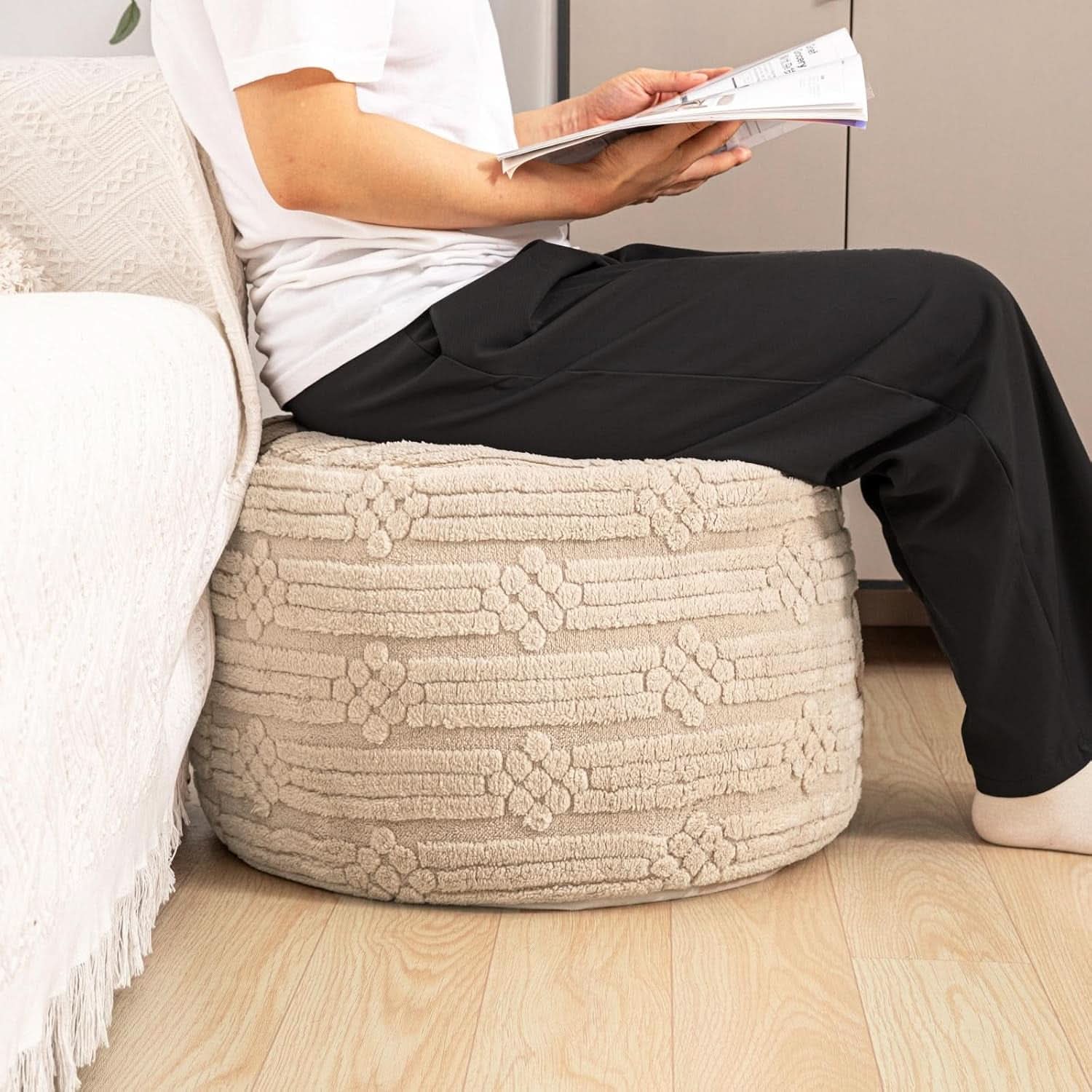 Ultra Plush Floor Pouf Ottoman Foot Rest Light Coffee