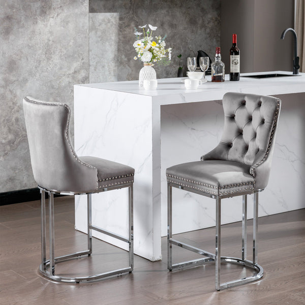 Counter Height Velvet Bar Stools with Button Back & Rivet Trim Upholstered Seats