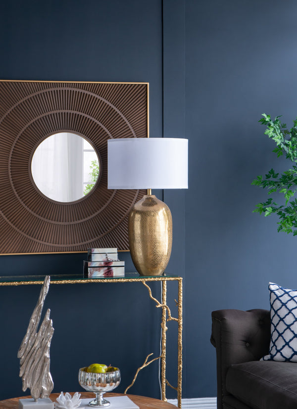 D18x31' Round Aluminum Sheet Gold Table Lamp with White Fabric Shade(Lamp Shade Assembly Required)