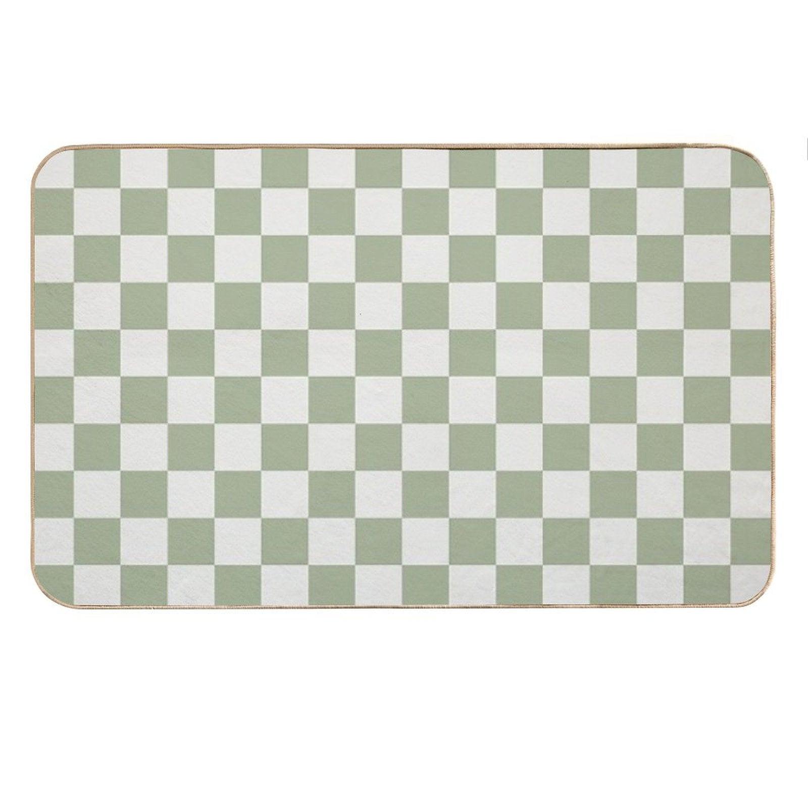 Checkerboard Mini Check Pattern in Sage Green And Off White Bath Mat