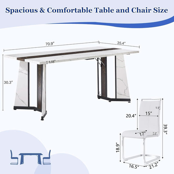 Dining Table Set For Six Seventy One Inch White Marble Top Leather Chairs