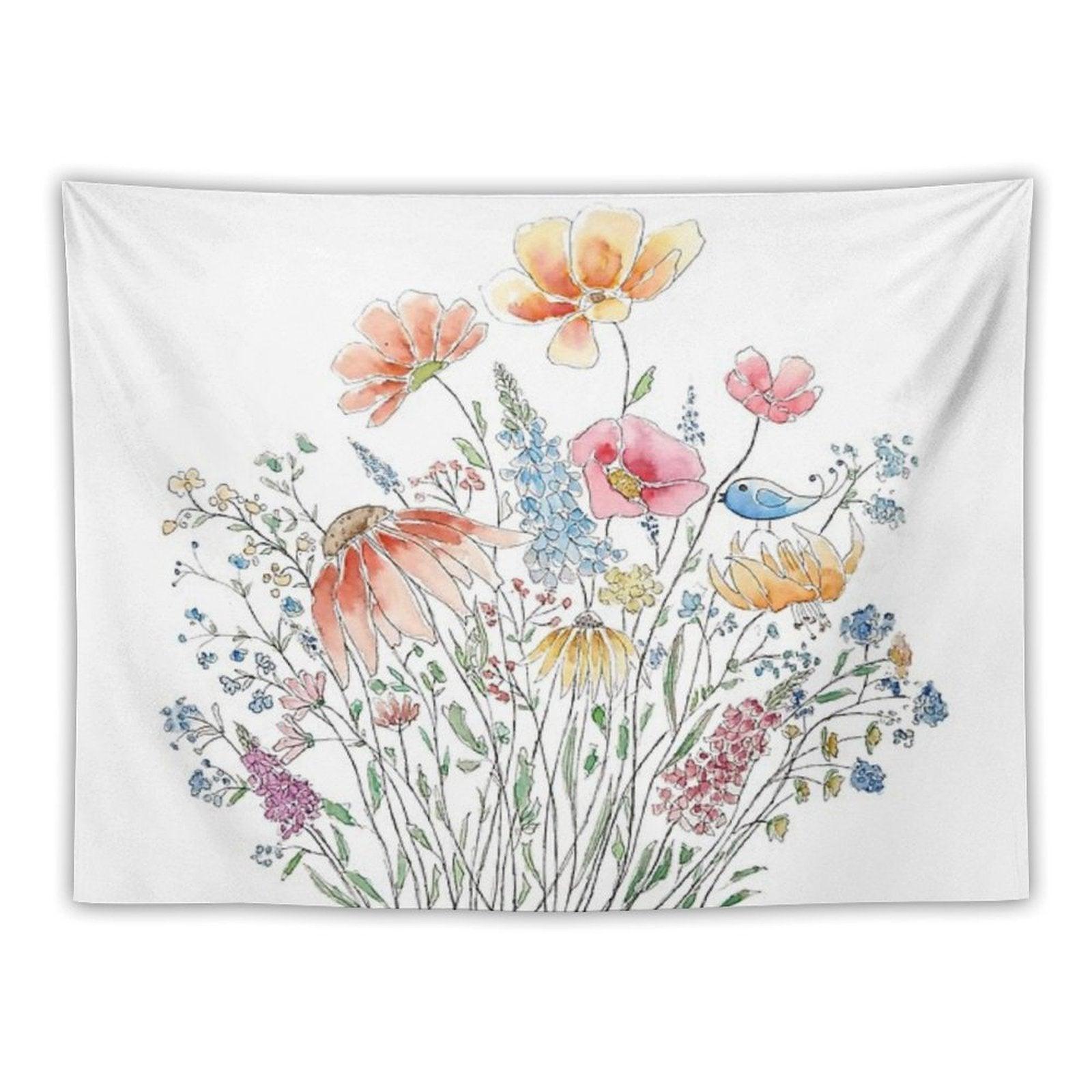 Hand Painted Wild Flower Bouquet And Blue Bird-line And Watercolor 2 Tapestry