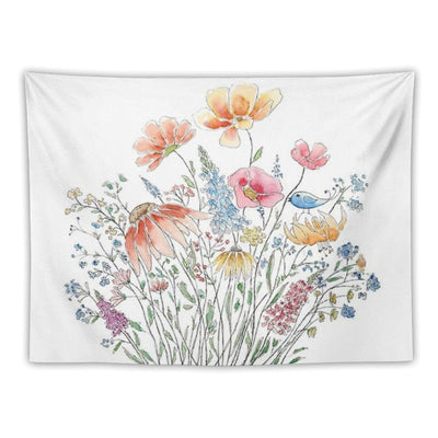 Hand Painted Wild Flower Bouquet And Blue Bird-line And Watercolor 2 Tapestry