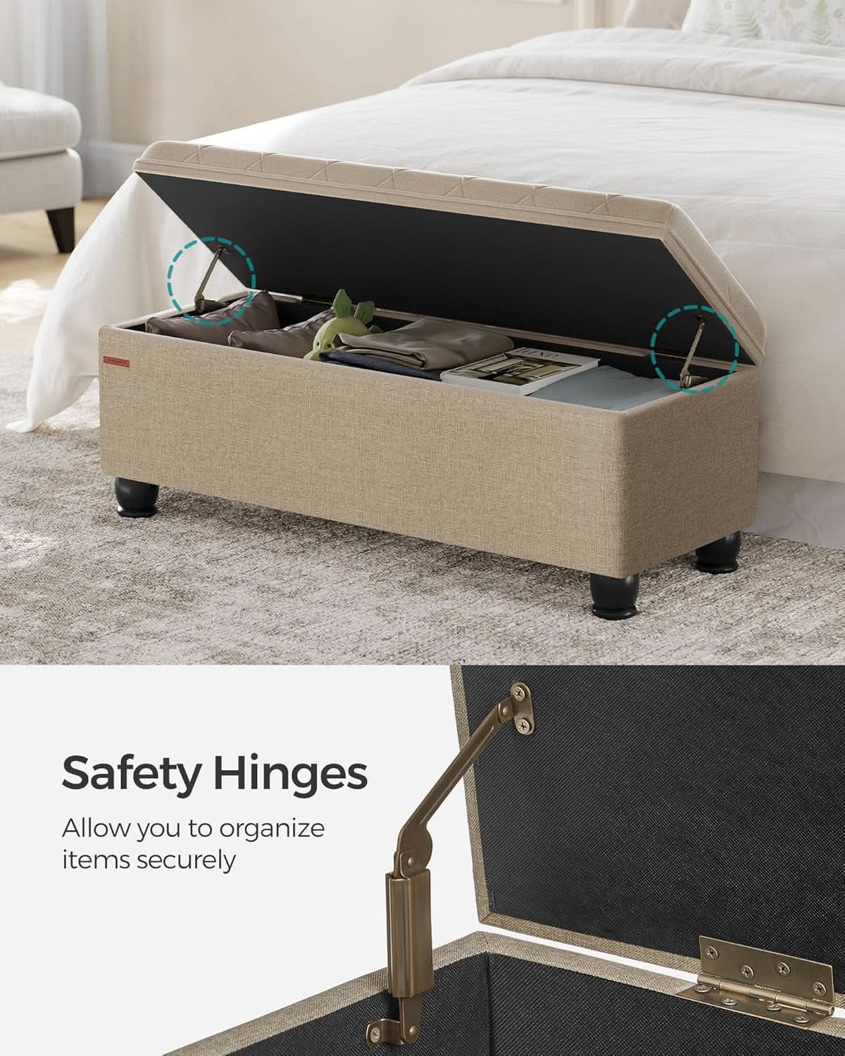 Camel Brown Linen Storage Ottoman Bench Reinforced