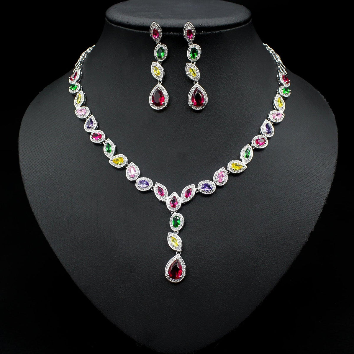 Colorful Zircon Necklace Earrings Set: wedding jewelry set