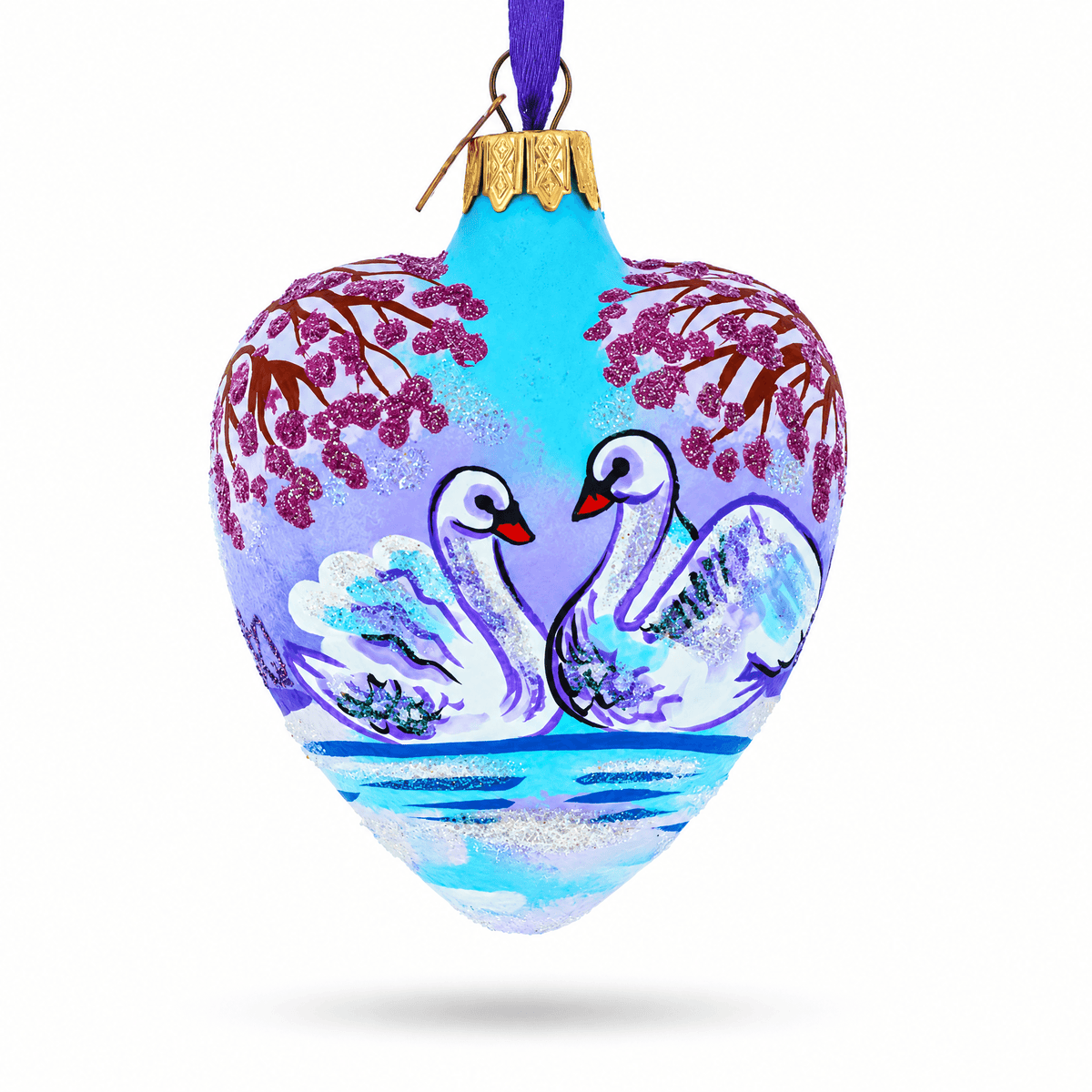 Swans In Love Glass Heart Christmas Ornament