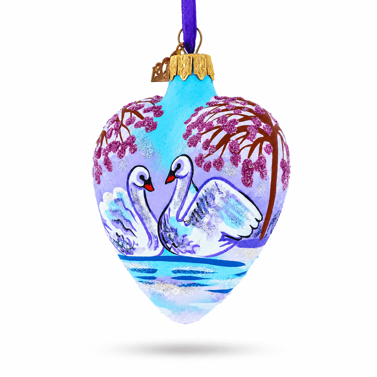 Swans In Love Glass Heart Christmas Ornament