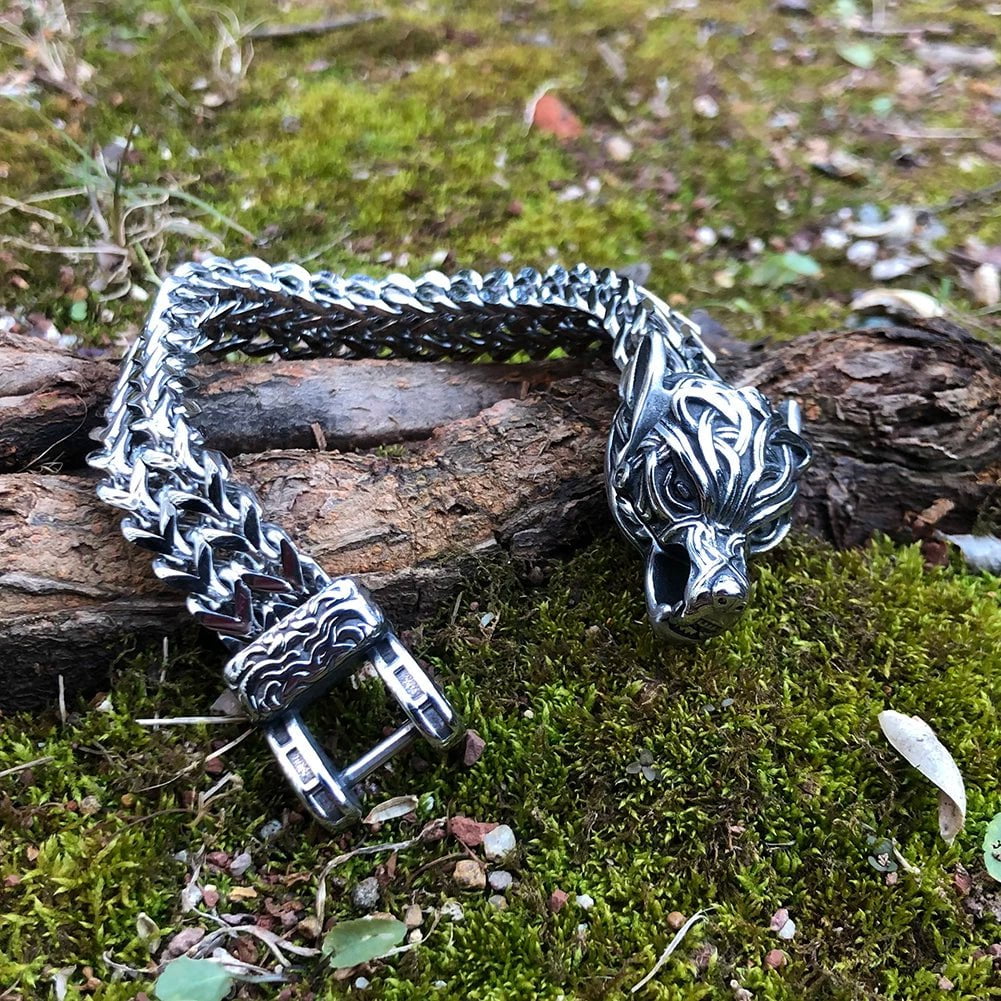 Vikings Wolf Head Stainless Steel Punk Link Bracelet Ancient Treasures