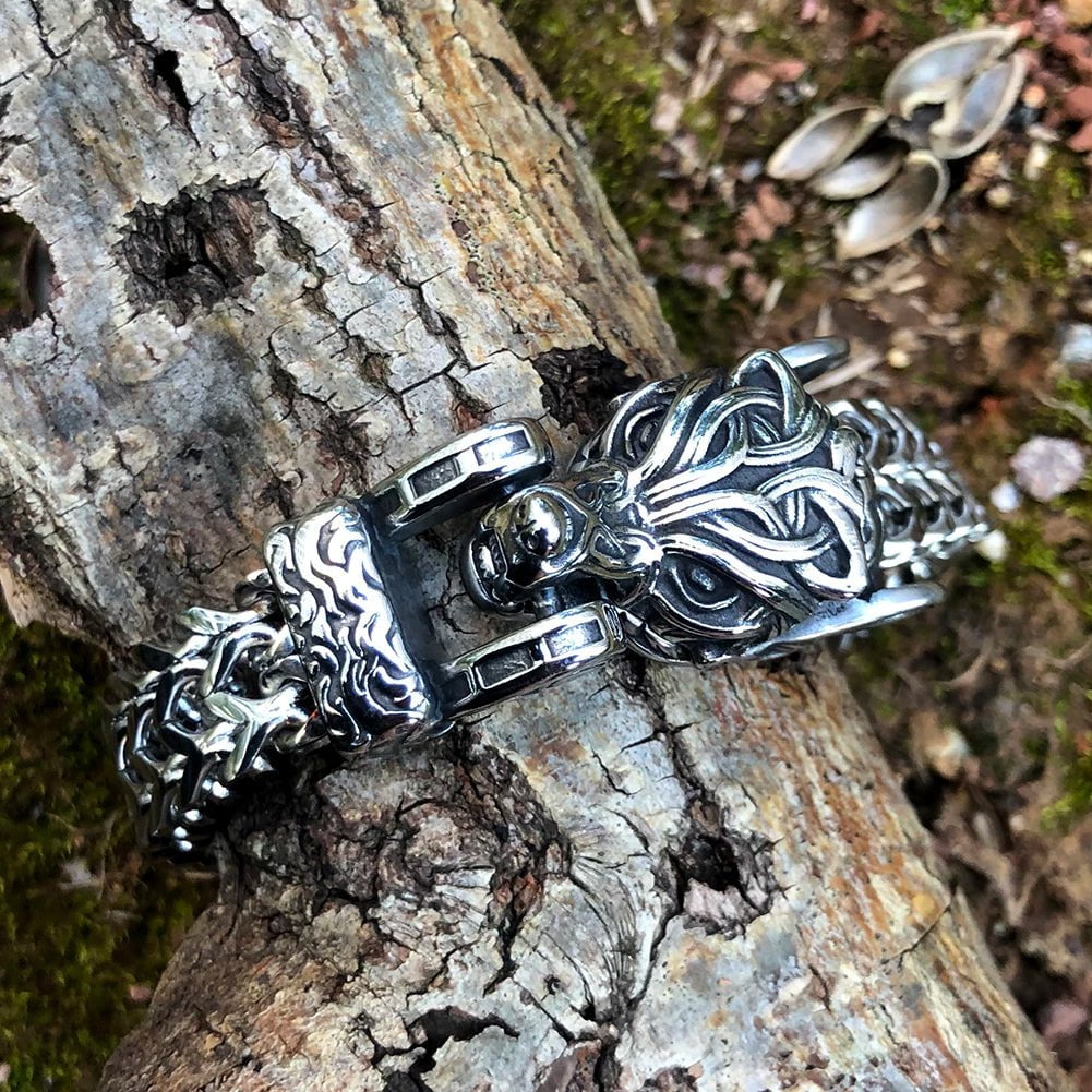 Vikings Wolf Head Stainless Steel Punk Link Bracelet Ancient Treasures