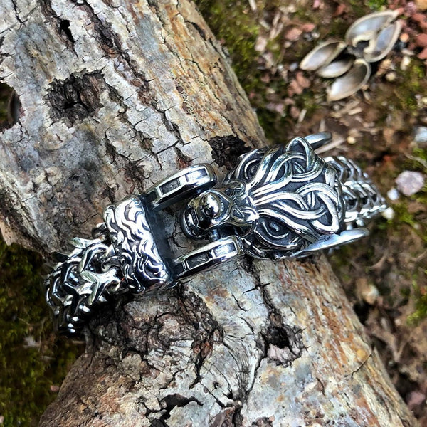 Vikings Wolf Head Stainless Steel Punk Link Bracelet Ancient Treasures