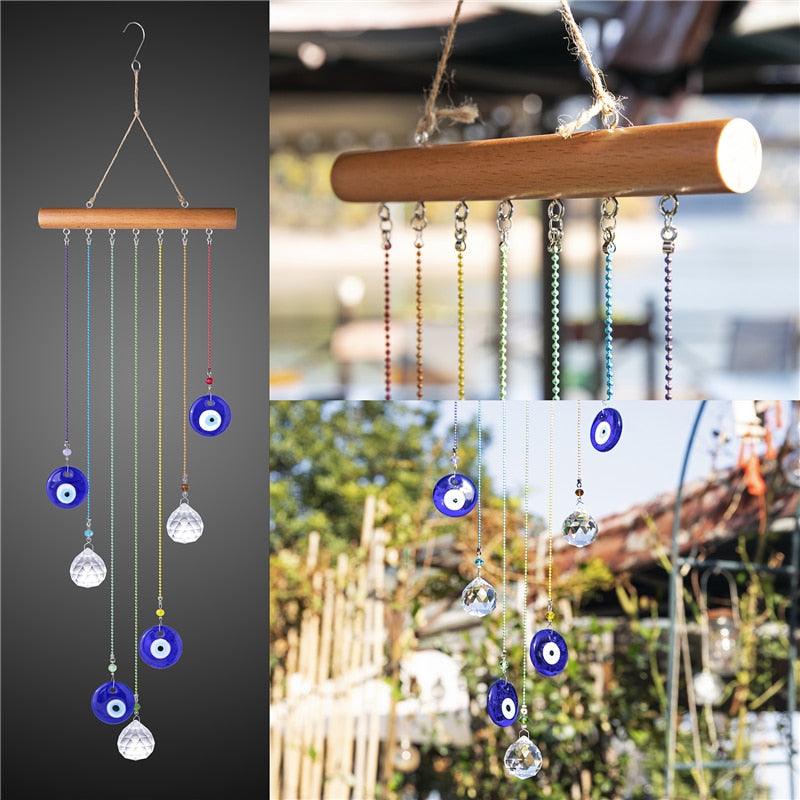 Chakra Energy Clear Crystal Ball Sun-catcher Turkish Window Prisms Blue Evil Eye Light Catching Wind Chimes For Office Decor Home Garden Hanging Decoration Showpiece Lucky Gift