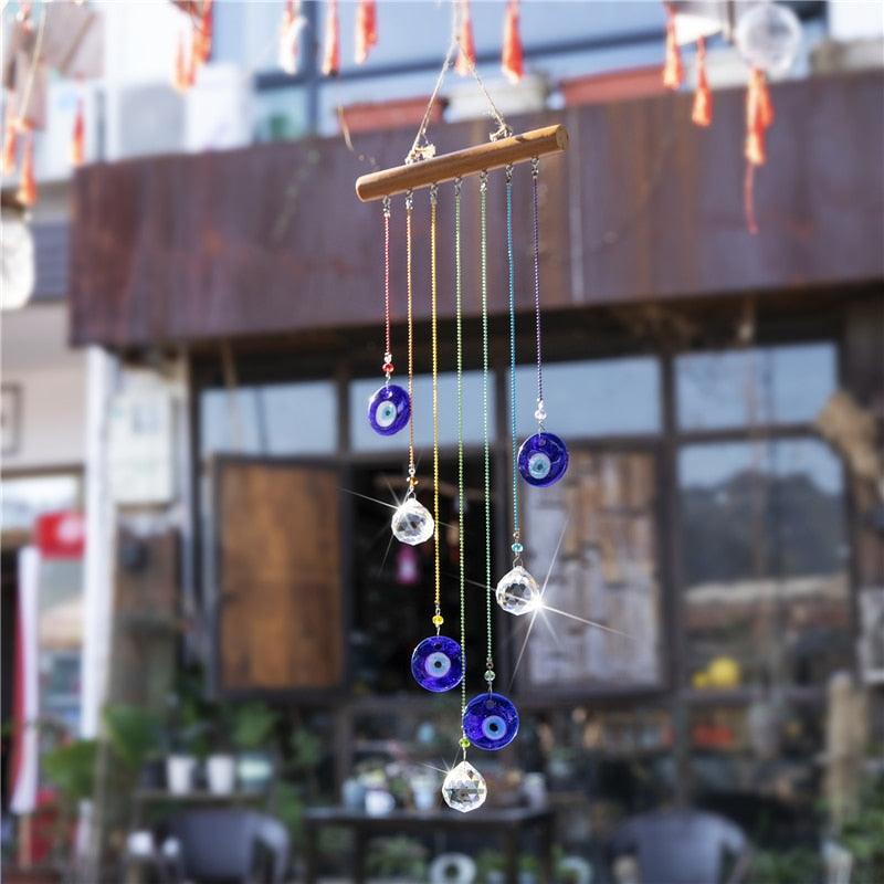 Chakra Energy Clear Crystal Ball Sun-catcher Turkish Window Prisms Blue Evil Eye Light Catching Wind Chimes For Office Decor Home Garden Hanging Decoration Showpiece Lucky Gift