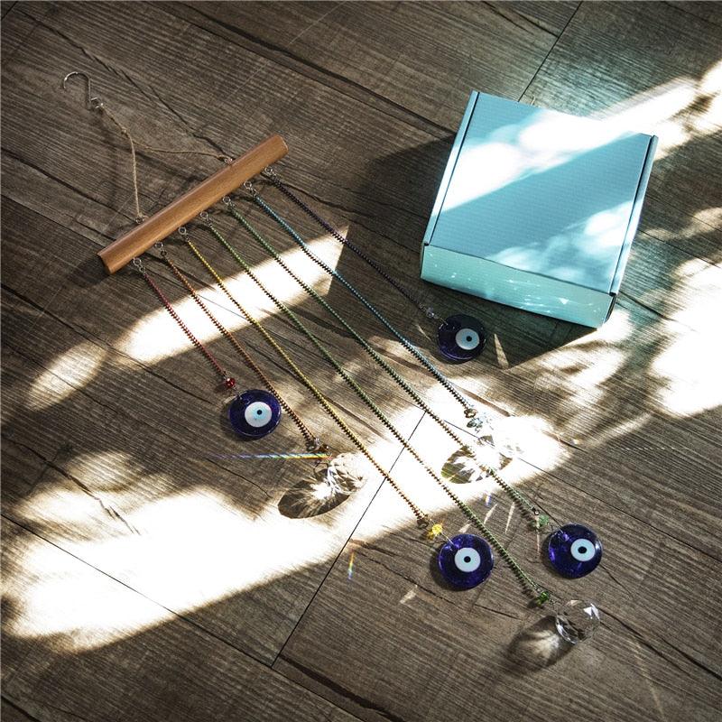 Chakra Energy Clear Crystal Ball Sun-catcher Turkish Window Prisms Blue Evil Eye Light Catching Wind Chimes For Office Decor Home Garden Hanging Decoration Showpiece Lucky Gift