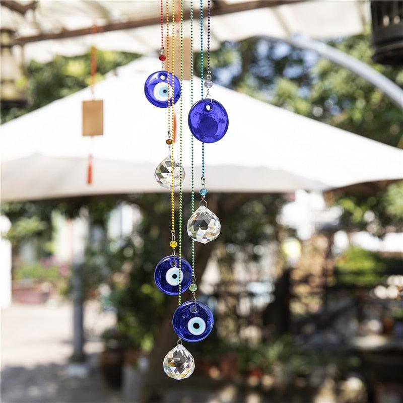 Chakra Energy Clear Crystal Ball Sun-catcher Turkish Window Prisms Blue Evil Eye Light Catching Wind Chimes For Office Decor Home Garden Hanging Decoration Showpiece Lucky Gift