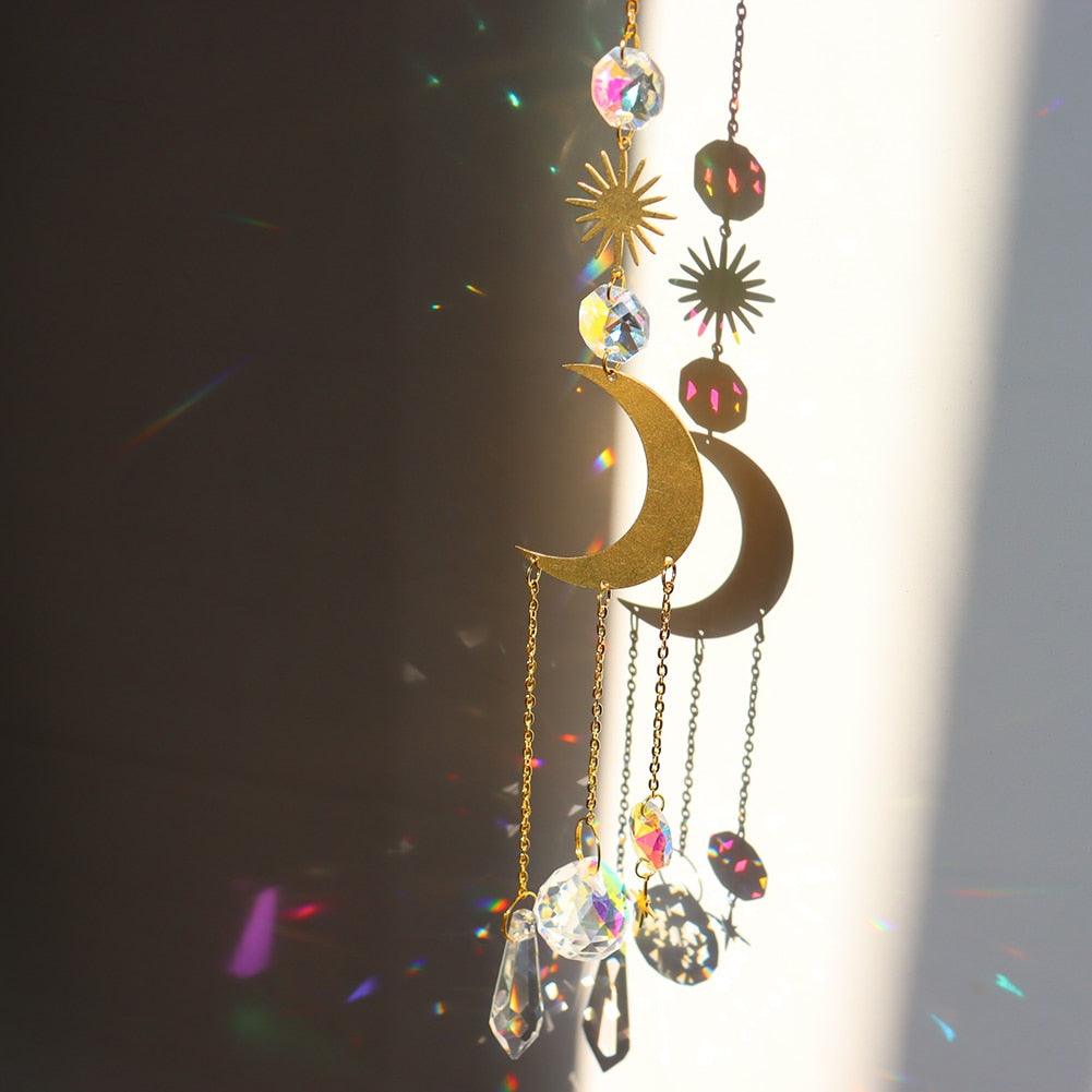 Chandelier Crystal Wind Chime Pendant Metallic Hoop Moon Rainbow Maker Sun Hanging Drop Crystal For Window Curtains Home Decor Gifts Photography Prop