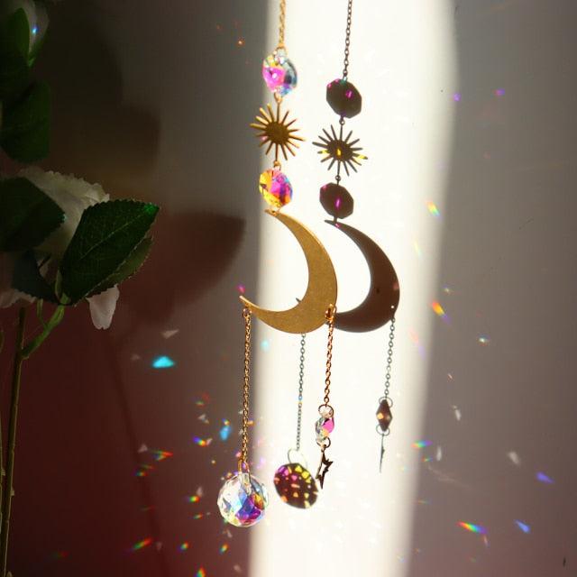 Chandelier Crystal Wind Chime Pendant Metallic Hoop Moon Rainbow Maker Sun Hanging Drop Crystal For Window Curtains Home Decor Gifts Photography Prop