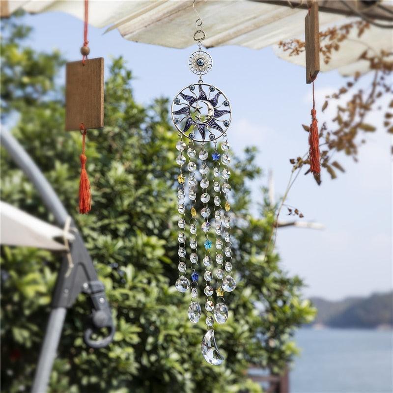Chandelier Wind Chimes Turkish Blue Evil Eye Moon Sun Star Sun-catcher Rainbow Maker Wind Chimes Wall Hanging Crystal Prisms Hanging Pendant Home Decor Gifts Blessing Protection Decoration