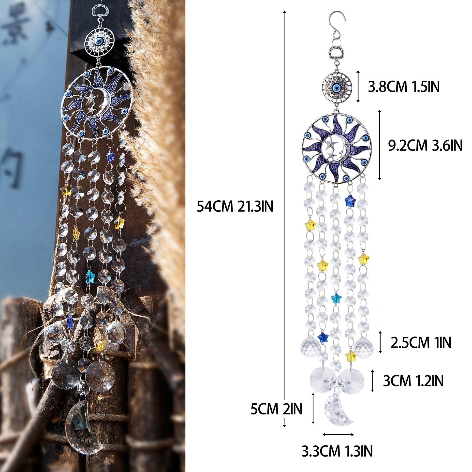 Chandelier Wind Chimes Turkish Blue Evil Eye Moon Sun Star Sun-catcher Rainbow Maker Wind Chimes Wall Hanging Crystal Prisms Hanging Pendant Home Decor Gifts Blessing Protection Decoration