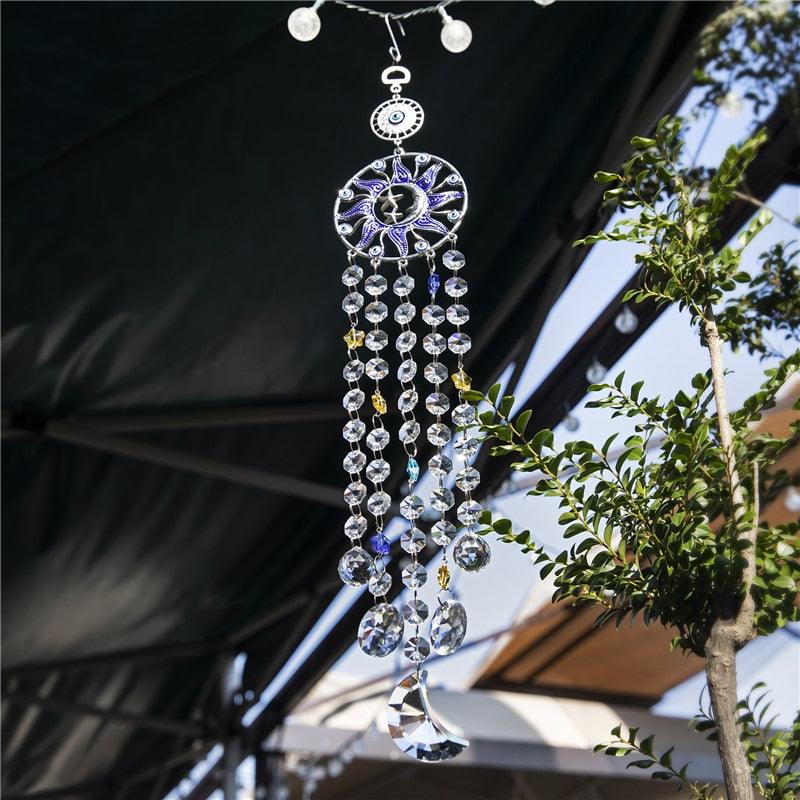 Chandelier Wind Chimes Turkish Blue Evil Eye Moon Sun Star Sun-catcher Rainbow Maker Wind Chimes Wall Hanging Crystal Prisms Hanging Pendant Home Decor Gifts Blessing Protection Decoration