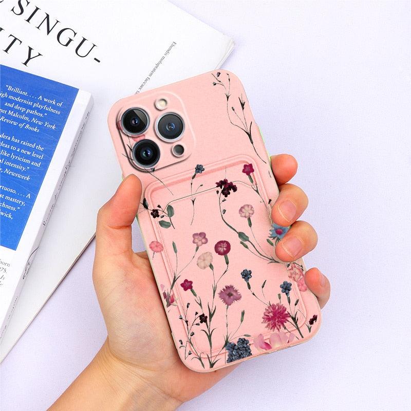 Charming Silicone Soft Anti-Scratch Cases For iPhone 13 Pro Max Case Silicone Wallet Card Holder Cover For iPhone 13 Mini 13ProMax 13Pro Flower Butterfly Beautiful Design Card Holder iPhone Case