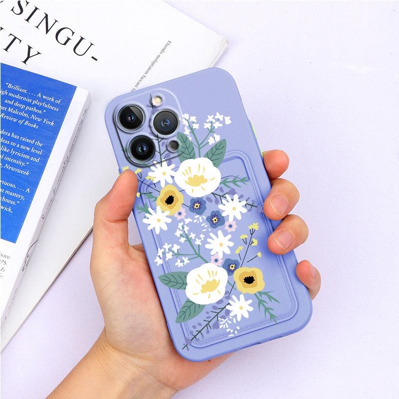 Charming Silicone Soft Anti-Scratch Cases For iPhone 13 Pro Max Case Silicone Wallet Card Holder Cover For iPhone 13 Mini 13ProMax 13Pro Flower Butterfly Beautiful Design Card Holder iPhone Case